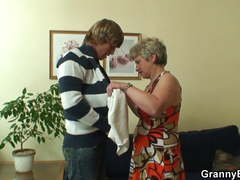 Lonely old grandma swallows and rides his cock